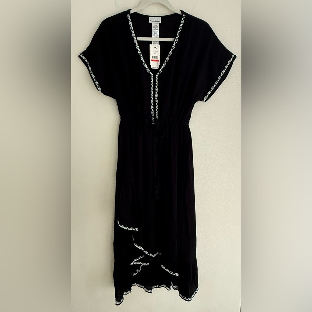 Tommy Bahama Black Crinkle Rayon Tiered Dress